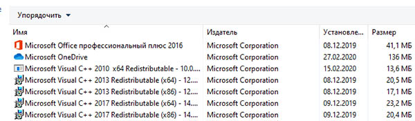 Установленные компоненты Visual C++ в Windows